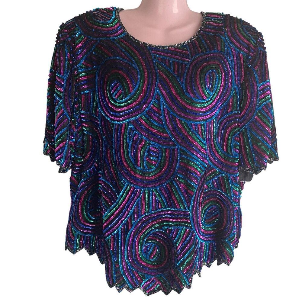 Scala Silk Sequin Top Womens 2X Multicolor Art Geometric Beaded Party Blouse